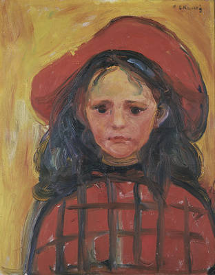Mädchen mit rotkariertem Kleid und rotem Hut
