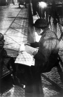 Alte Frau an einem Drahtzaun, Zeitung lesend;