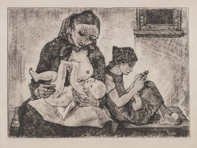 Frau mit Kind und Mädchen mit Handarbeit beschäftigt