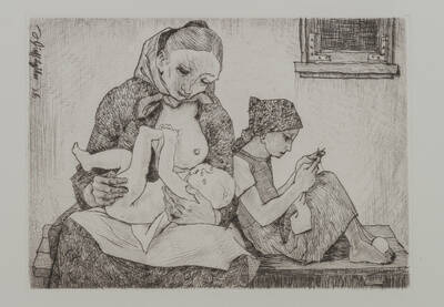 Frau mit Kind und Mädchen mit Handarbeit beschäftigt